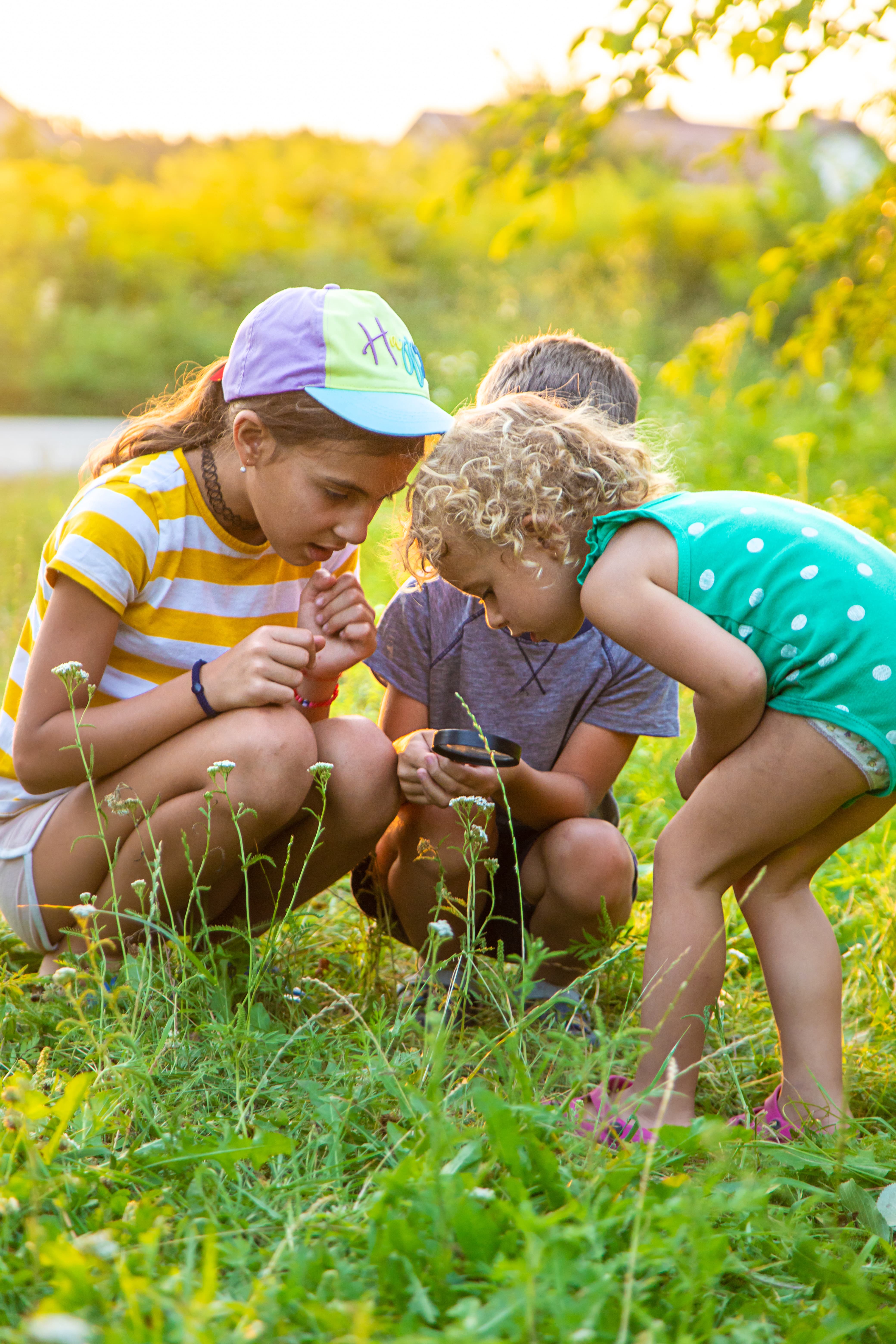 Niños explorando la naturaleza con lupa en las actividades al aire libre de Hoteles Mediterráneo Peñíscola