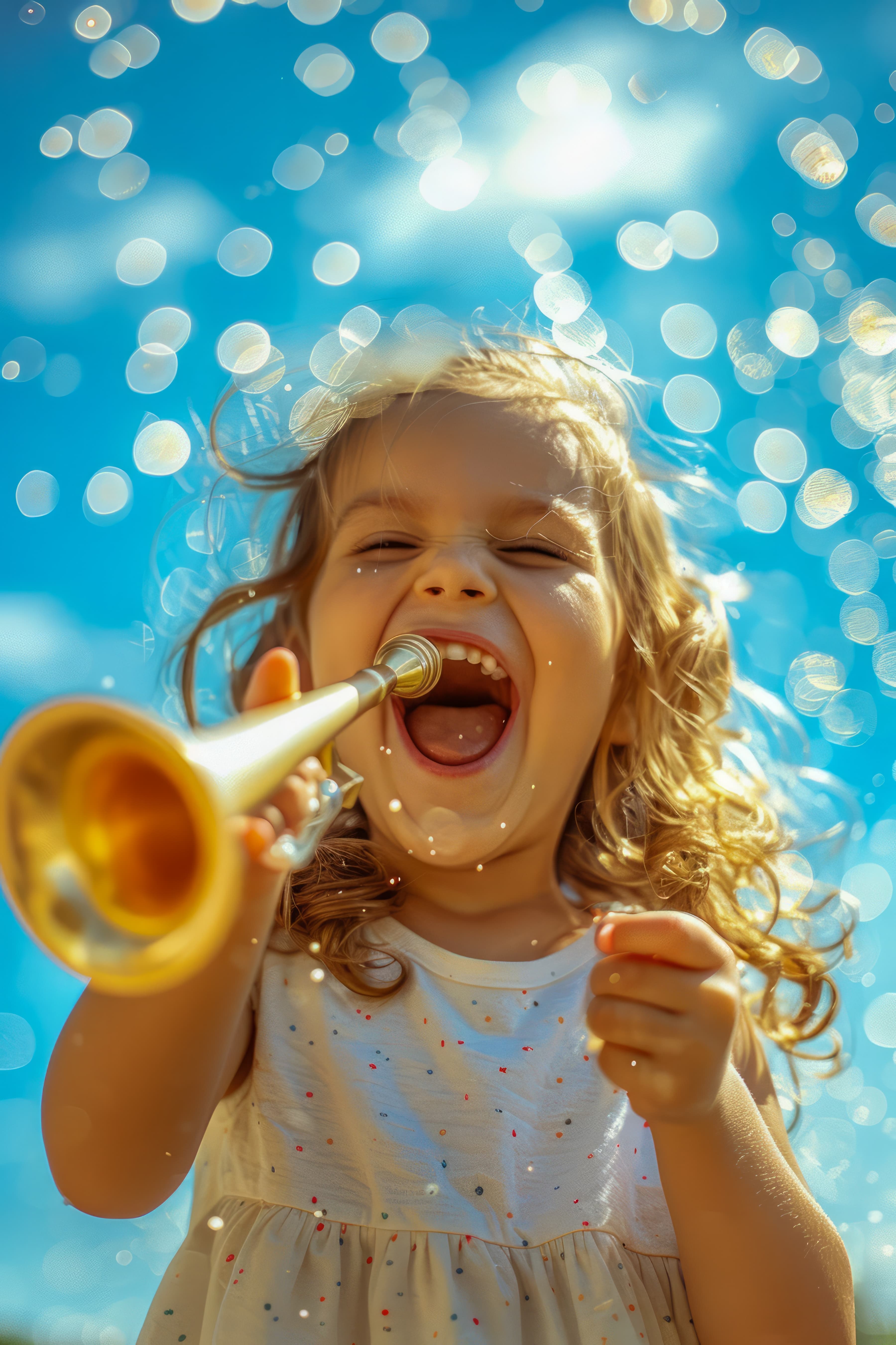 Niña cantando con trompeta en actividad musical al aire libre en Hoteles Mediterráneo Peñíscola