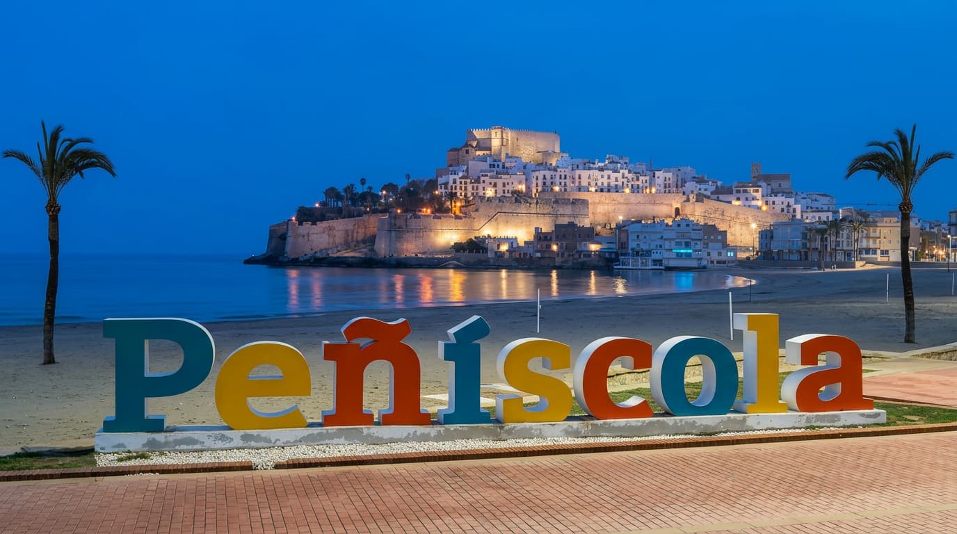 Vista nocturna del castillo y la playa de Peñíscola, destino del Hotel Acuazul y el Aparthotel Acualandia