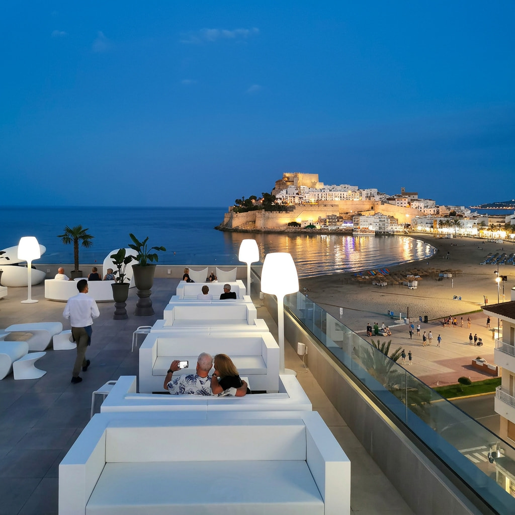 Terraza rooftop del Hotel Castillo de Peñíscola al atardecer con vistas al Castillo del Papa Luna iluminado y la playa