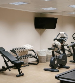 Gimnasio del Aparthotel Acualandia con banco, mancuernas, bicicleta estática, cinta y televisor en una sala con espejo