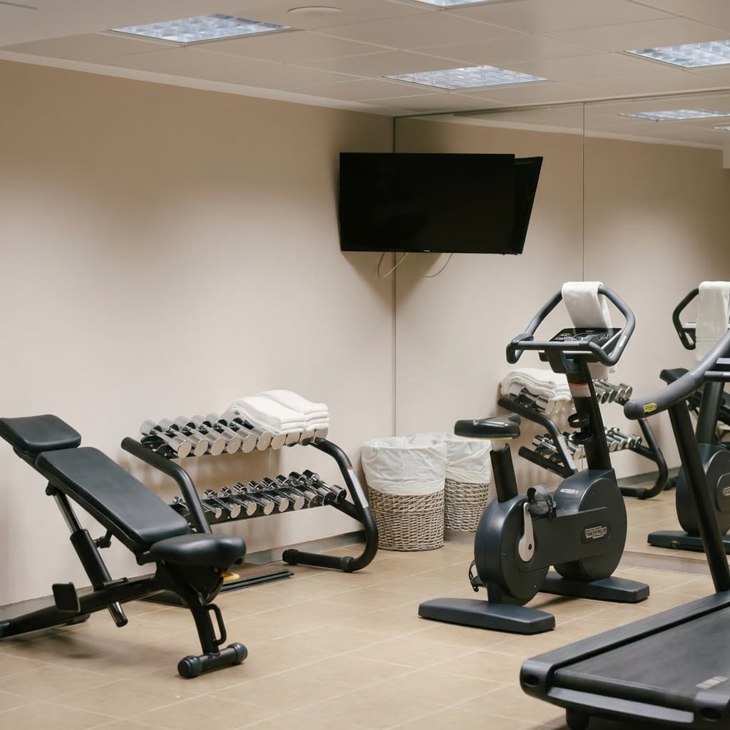 Gimnasio del Aparthotel Acualandia con banco, mancuernas, bicicleta estática, cinta y televisor en una sala con espejo