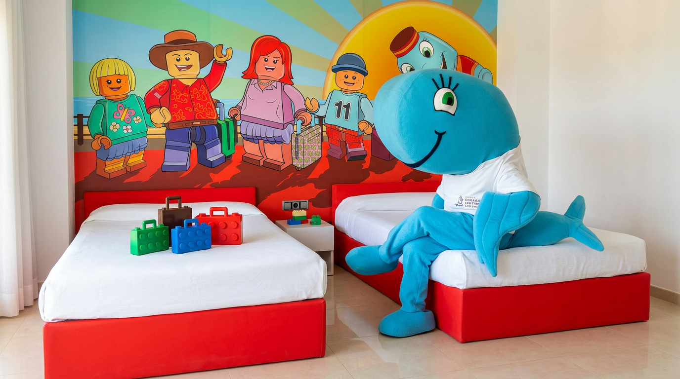 Habitación temática Ballenita en Hotel Acuazul Peñíscola con dos camas y mural decorativo