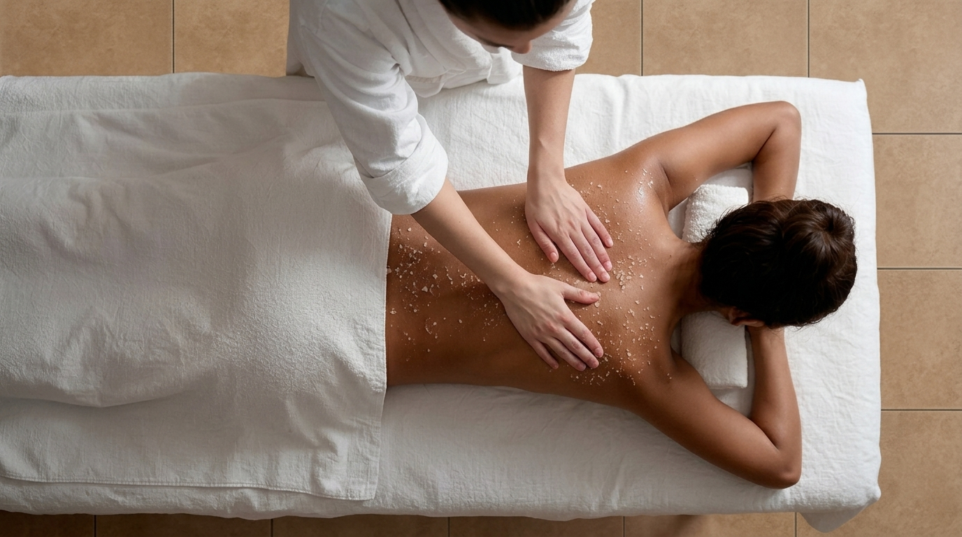 Masajista aplicando tratamiento exfoliante de sal en el spa de Hoteles Mediterráneo Peñíscola, vista cenital