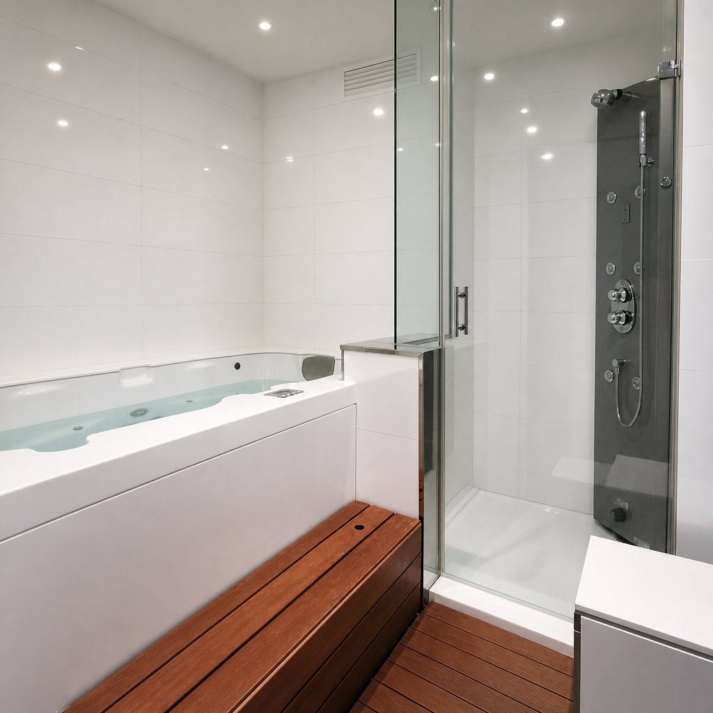 Ducha de sensaciones y bañera de hidromasaje del spa del Hotel Acualandia, Peñíscola