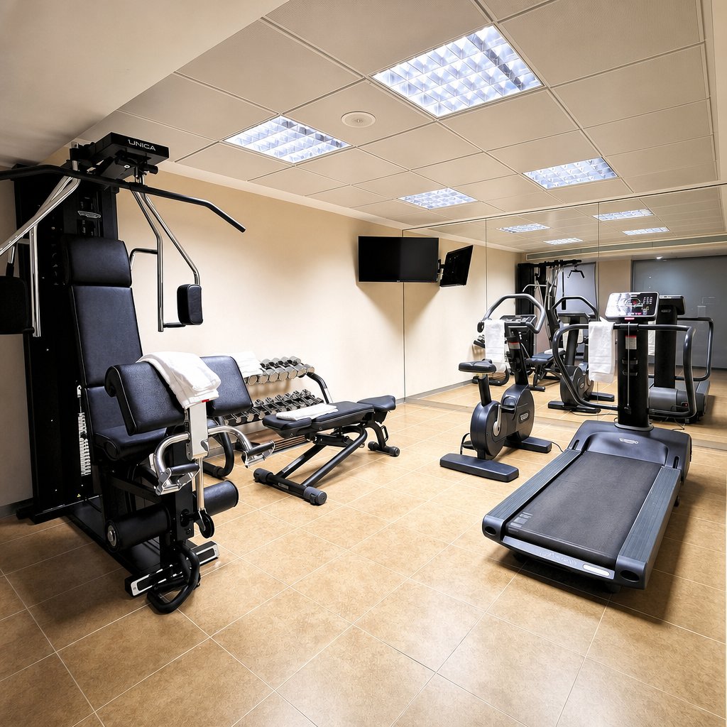Gimnasio equipado del Hotel Acualandia en Peñíscola con cinta, bicicleta y multiestación