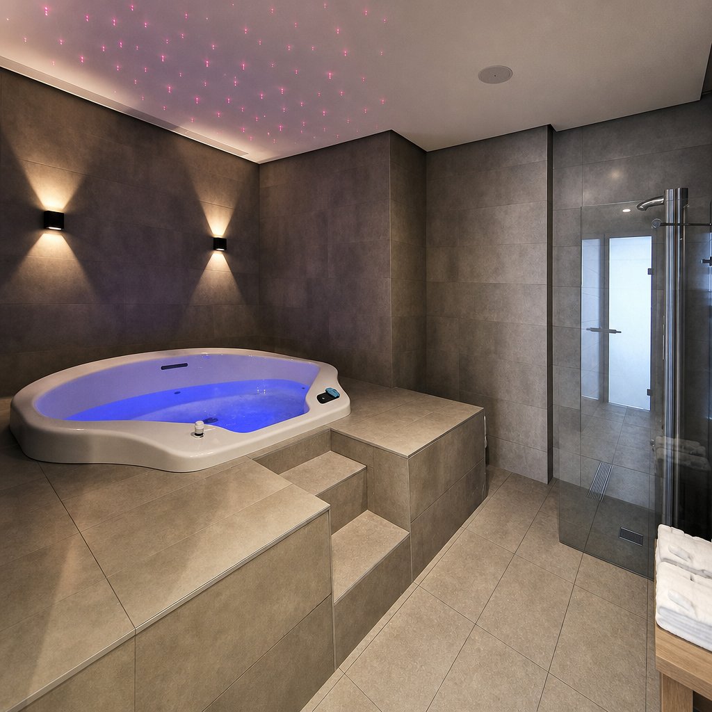 Jacuzzi privado del spa del Hotel Acuazul en Peñíscola con techo de cielo estrellado