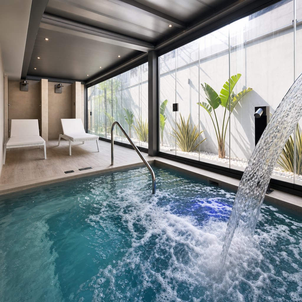 Piscina de hidroterapia con cascada y zona de relax del spa del Hotel Castillo de Peñíscola
