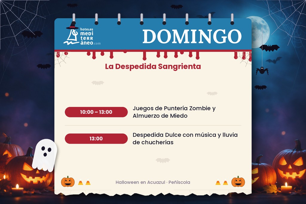Calendario del domingo de Halloween en Acuazul: juegos de puntería zombie a las 10:00 y despedida dulce a las 13:00
