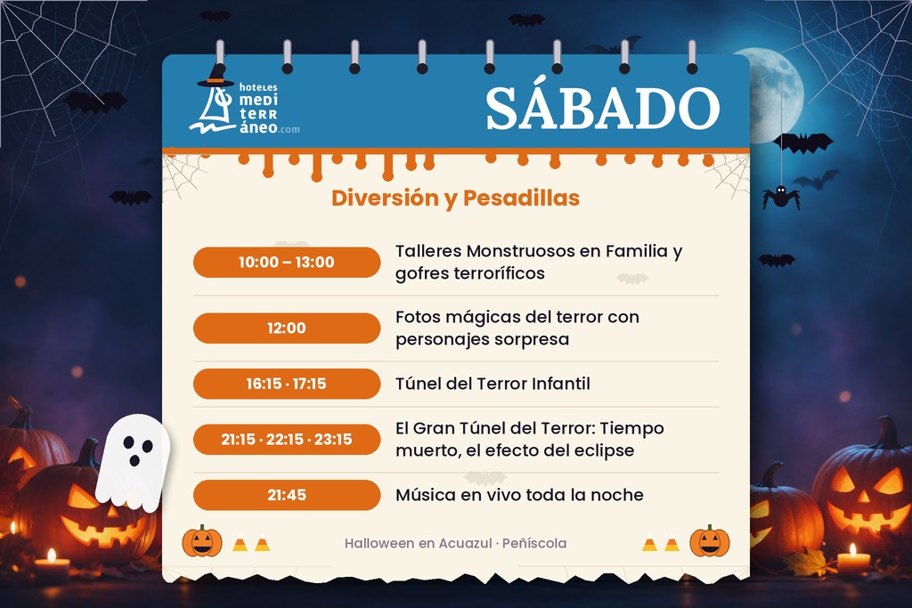Calendario del sábado de Halloween en Acuazul: talleres, fotos con personajes, túnel del terror infantil, Gran Túnel del Terror y música en vivo