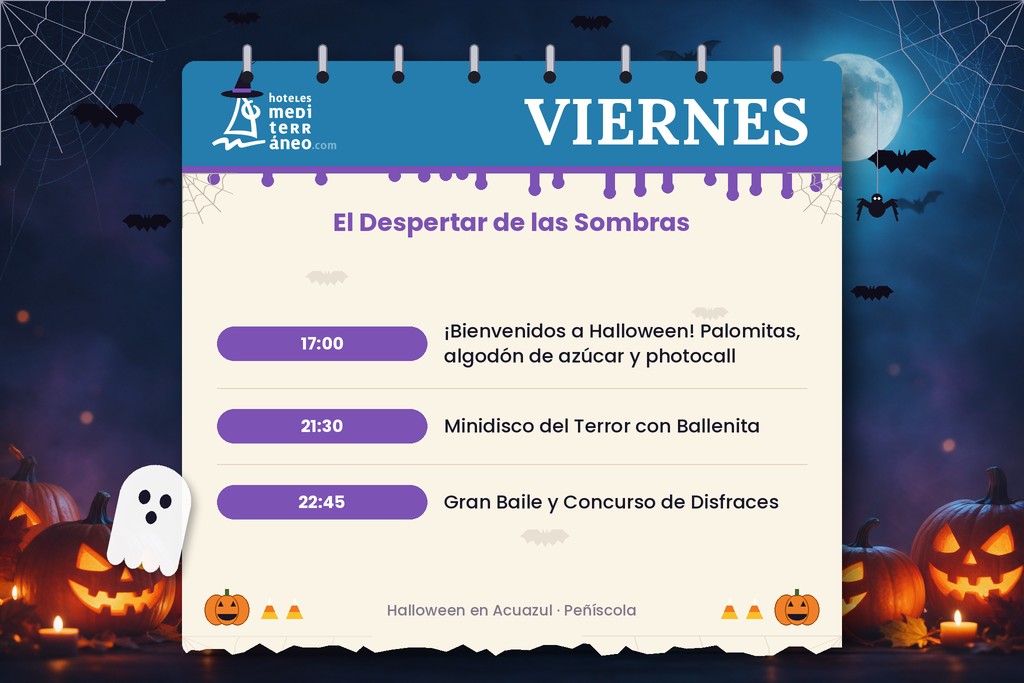 Calendario del viernes de Halloween en Acuazul: bienvenida a las 17:00, minidisco con Ballenita a las 21:30 y concurso de disfraces a las 22:45