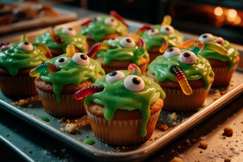 Cupcakes de la Pastelería Zombi con glaseado verde, ojos de caramelo y gusanitos de gominola en el túnel del terror infantil