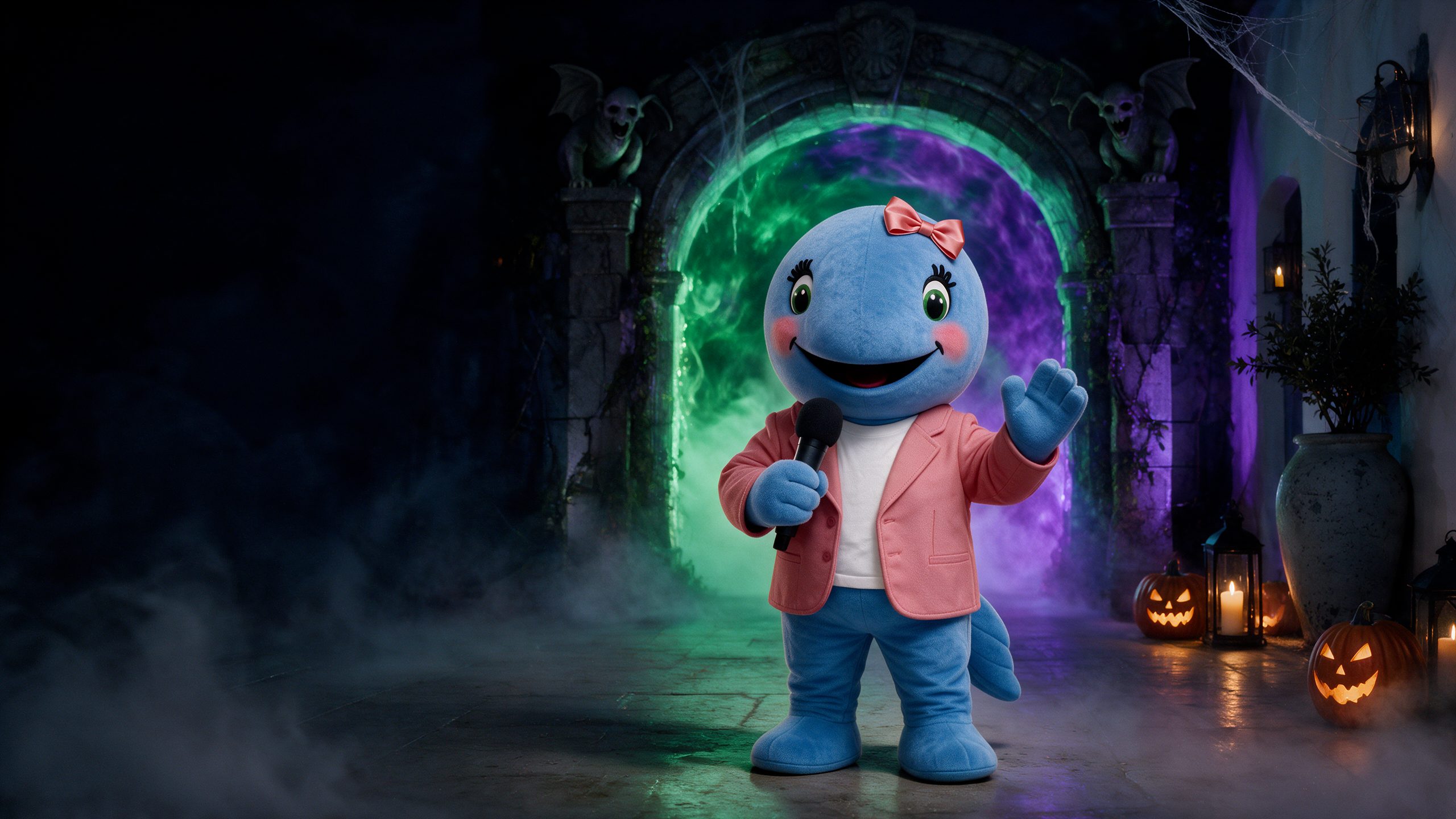 Ballenita, la mascota de Hoteles Mediterráneo, ante la entrada iluminada del túnel del terror infantil El Gran Hechizo